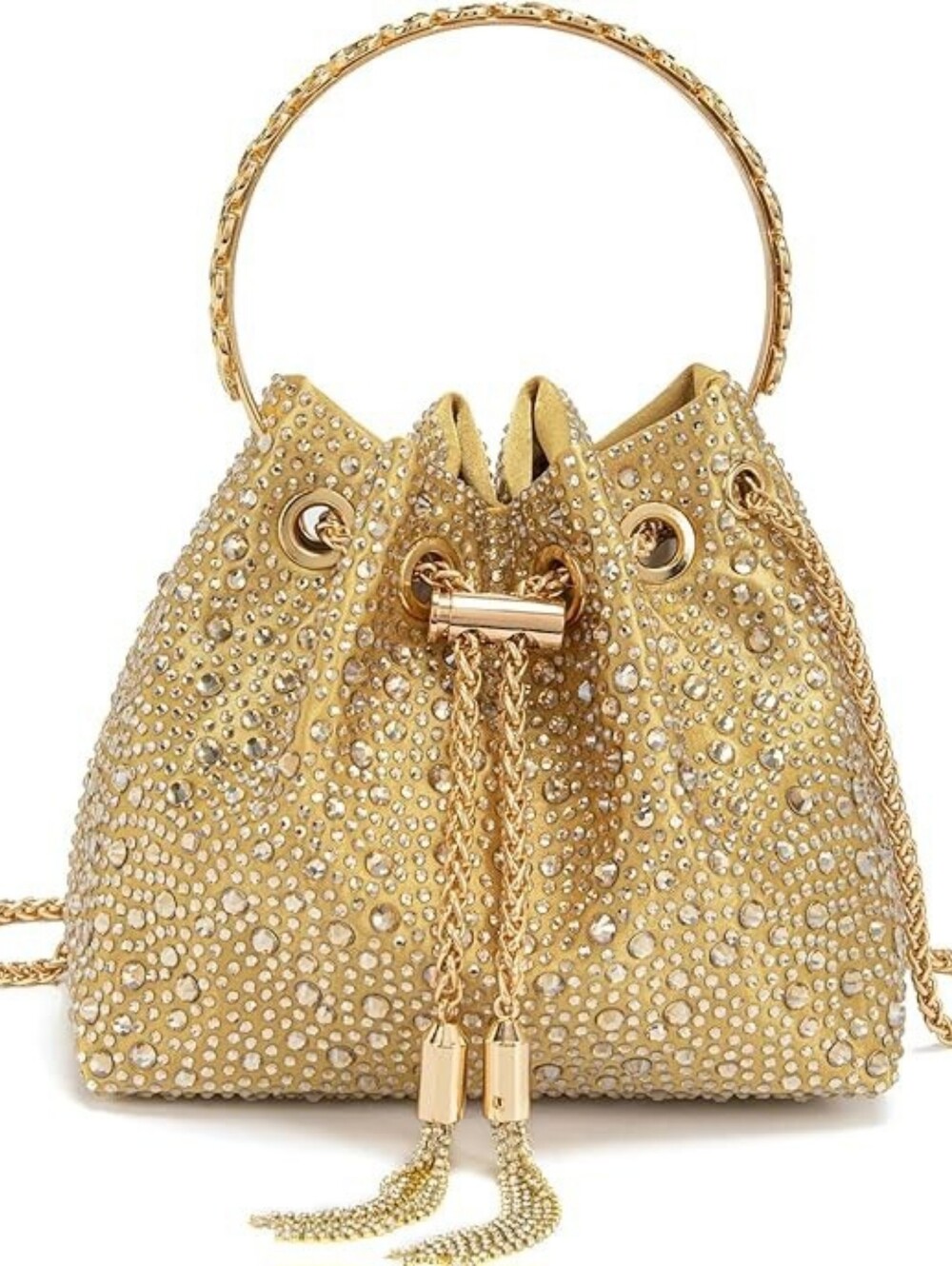 Elegant Gold Crystal-Embellished Bucket Bag with Chain